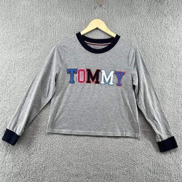 TOMMY HILFIGER Cropped Pajama Shirt Embroidered logo appliqués vasity style Y2K - Picture 4 of 14